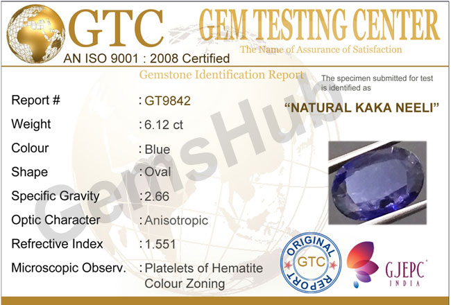Natural Kaka Neeli Stone 6.12 ct